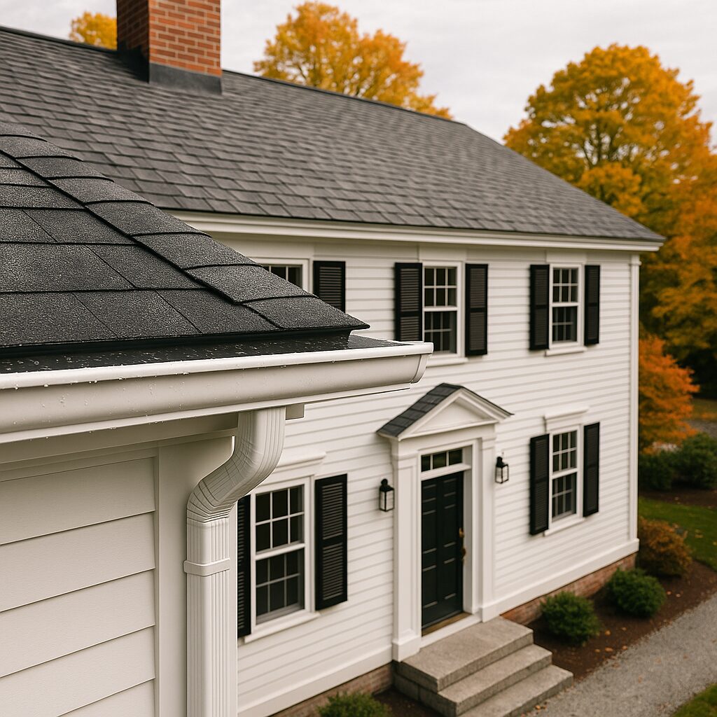White Colonial house in Maine with seamless gutters - AI Generated Image