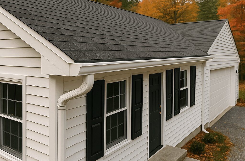 White ranch style home in Maine with seamless gutters installed. - Ai Generated Image