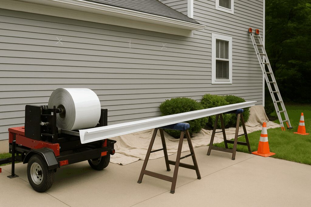 Rolling out seamless gutters on site (AI Generated)