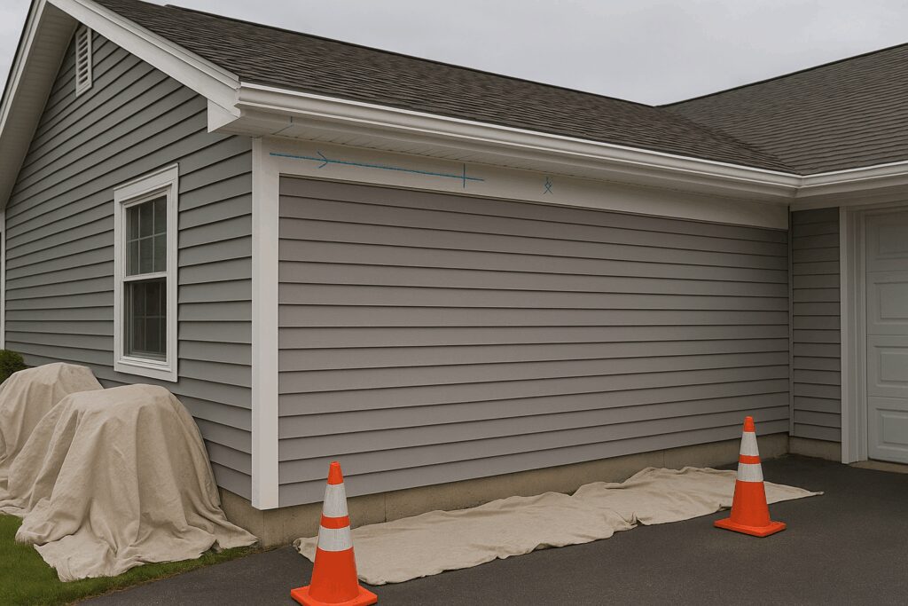 Seamless gutter installation preparation with drop cloths and safety cones (AI Generated)