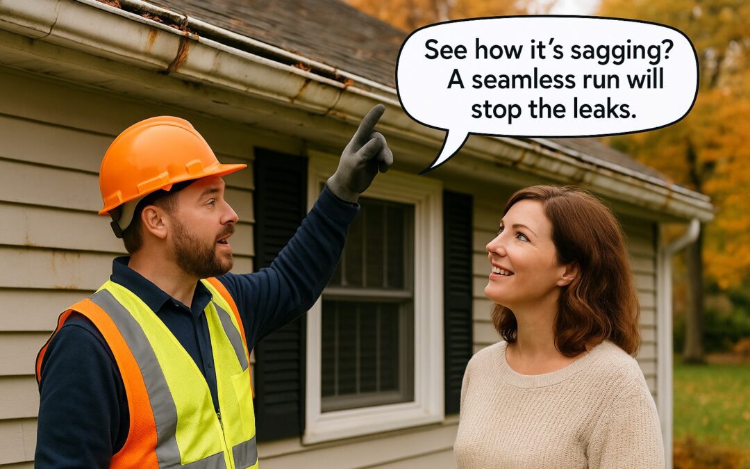 contractor recommending seamless gutters to a homeowner (AI generated)